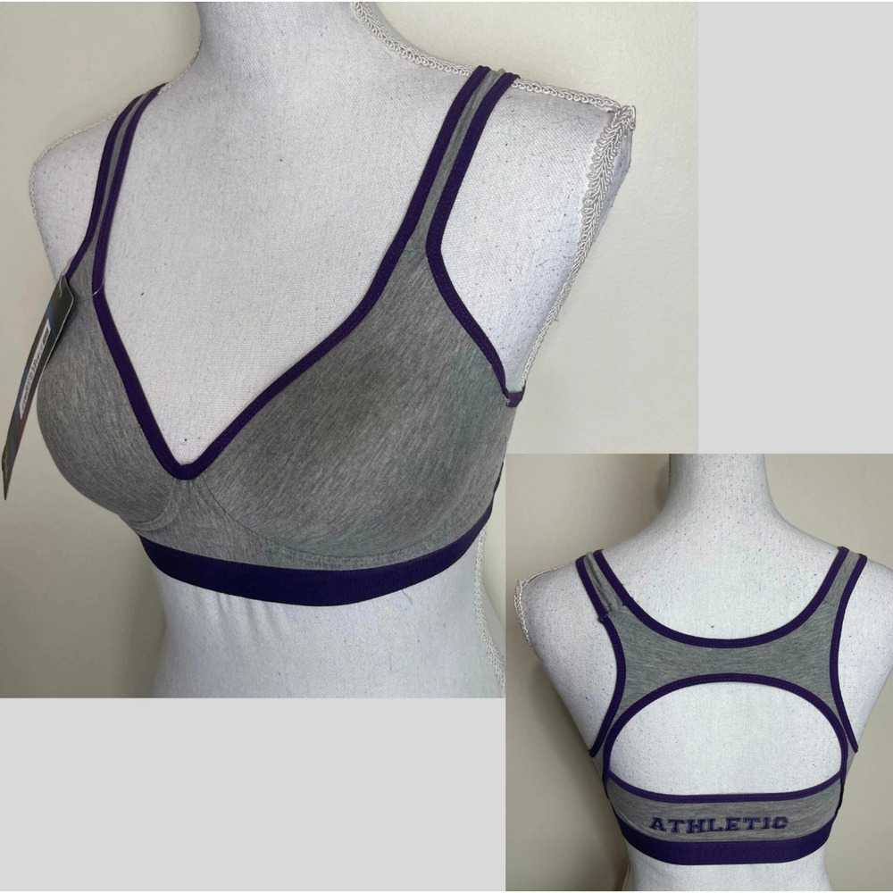 SIZE 36B Youmita Athletic Sports Bra PADDED Wireless Keyhole Racerback GRAY-PURP